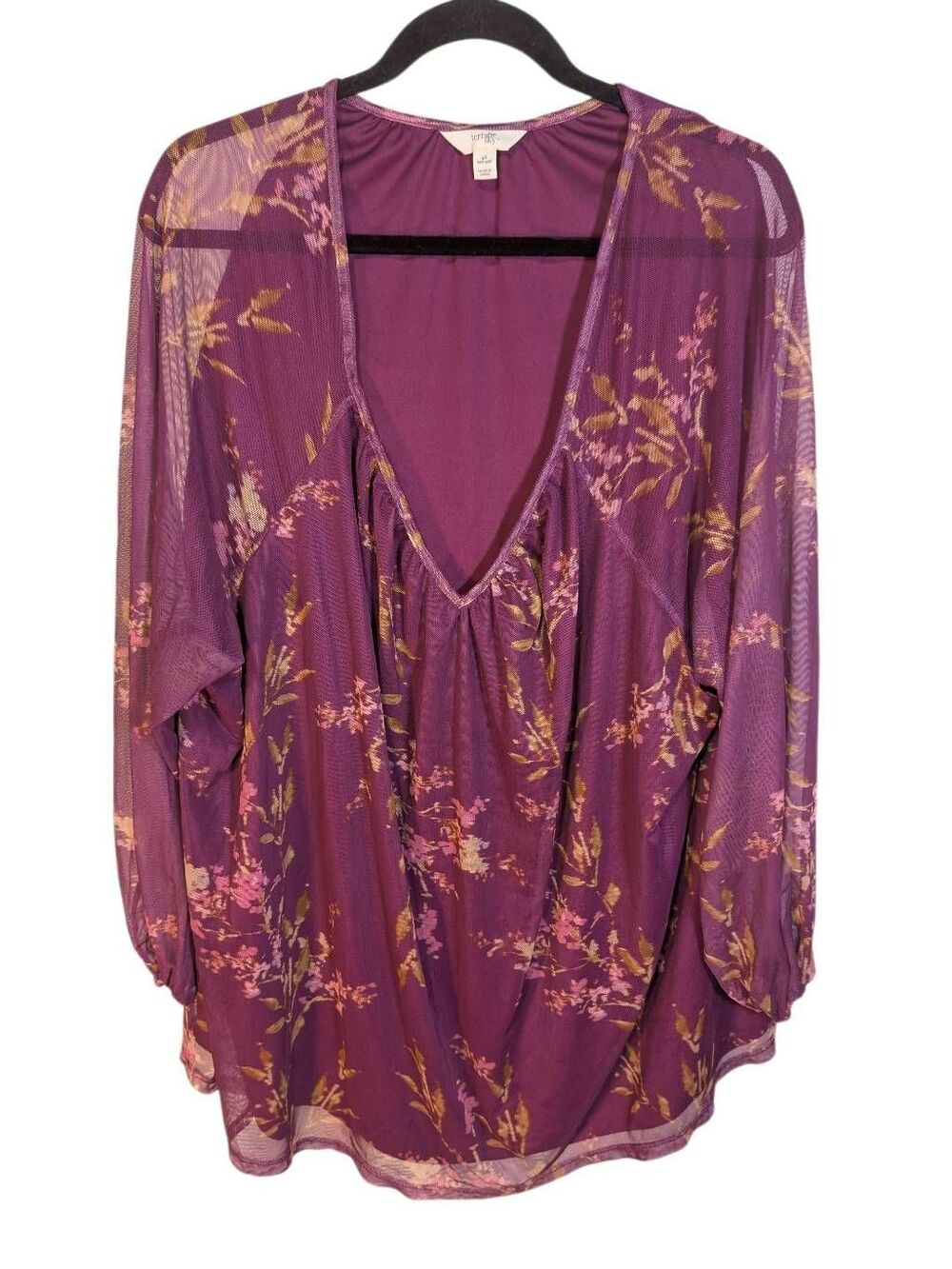 Terra & Sky plum purple floral mesh top with long bishop sleeves and a V-necklin